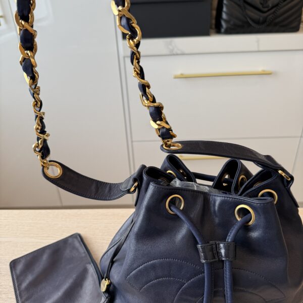 Chanel Navy Lambskin Leather Vintage CC Drawstring Bucket Bag