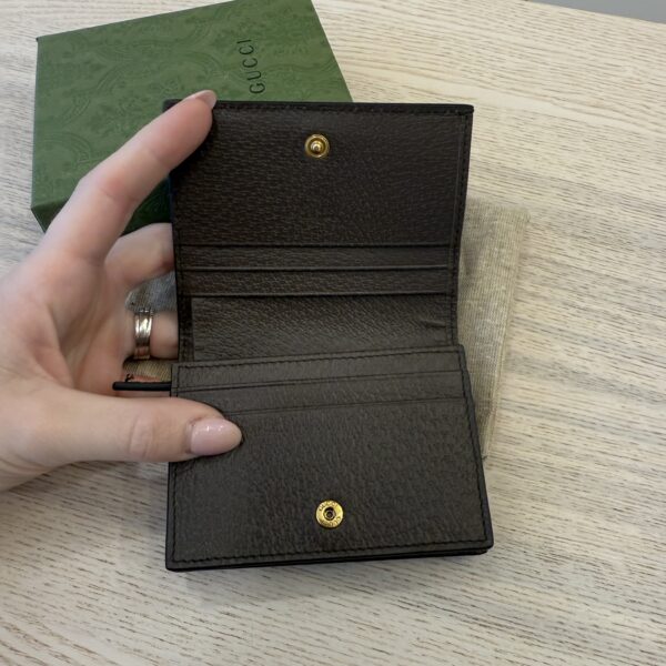 Gucci Monogram Jumbo GG Textured Dollar Calfskin Diana Card Case Wallet Camel Ebony New Acero