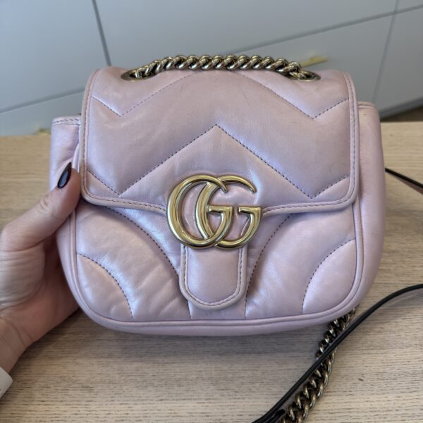 Gucci Iridescent Nappa Chevron Matelasse Mini GG Marmont Shoulder Bag Iridescent Escape Pink