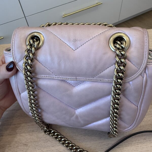 Gucci Iridescent Nappa Chevron Matelasse Mini GG Marmont Shoulder Bag Iridescent Escape Pink
