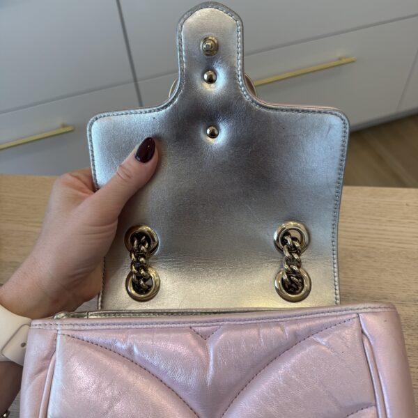 Gucci Iridescent Nappa Chevron Matelasse Mini GG Marmont Shoulder Bag Iridescent Escape Pink