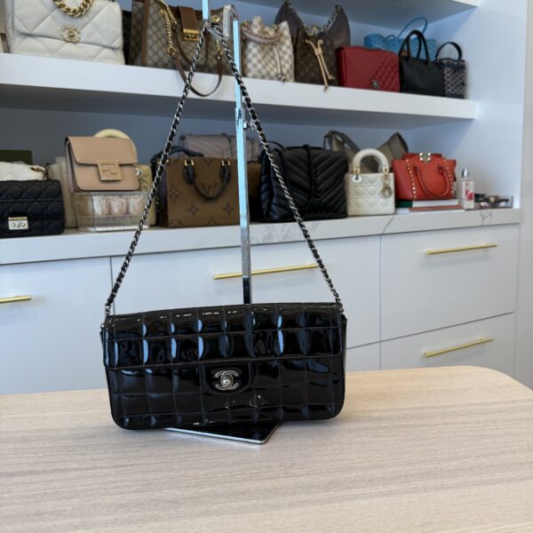 Chanel Patent East West Chocolate Bar Flap Black Silver Hardware