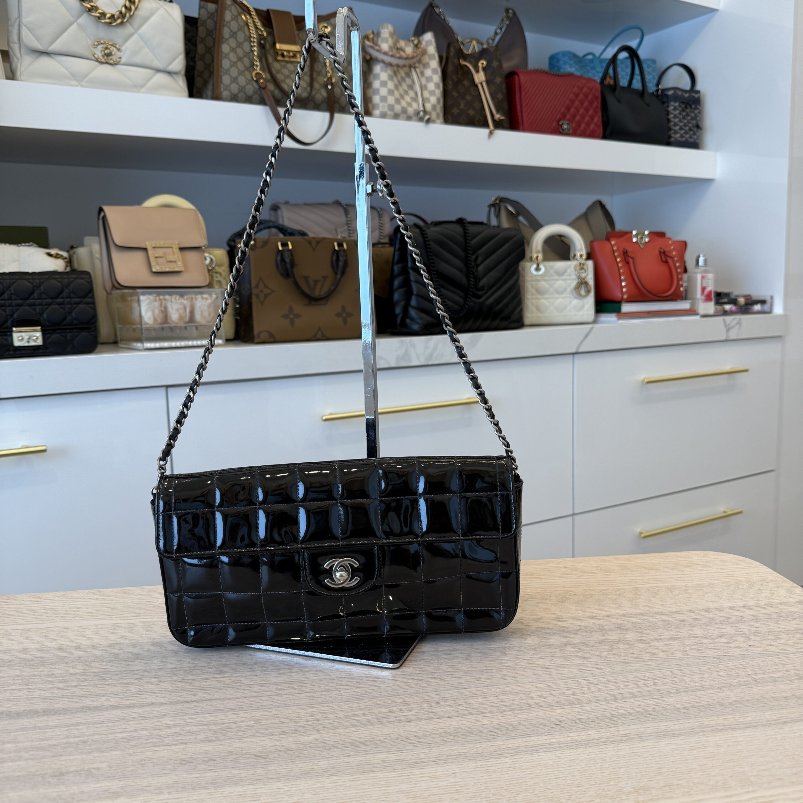 Chanel Patent East West Chocolate Bar Flap Black Silver Hardware