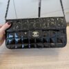 Chanel Patent East West Chocolate Bar Flap Black Silver Hardware