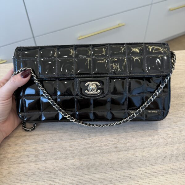 Chanel Patent East West Chocolate Bar Flap Black Silver Hardware