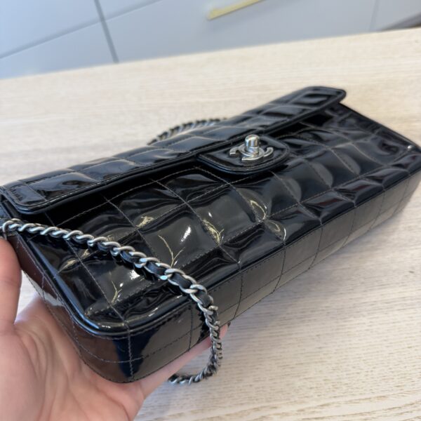 Chanel Patent East West Chocolate Bar Flap Black Silver Hardware