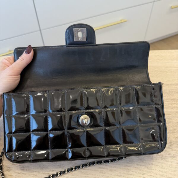 Chanel Patent East West Chocolate Bar Flap Black Silver Hardware