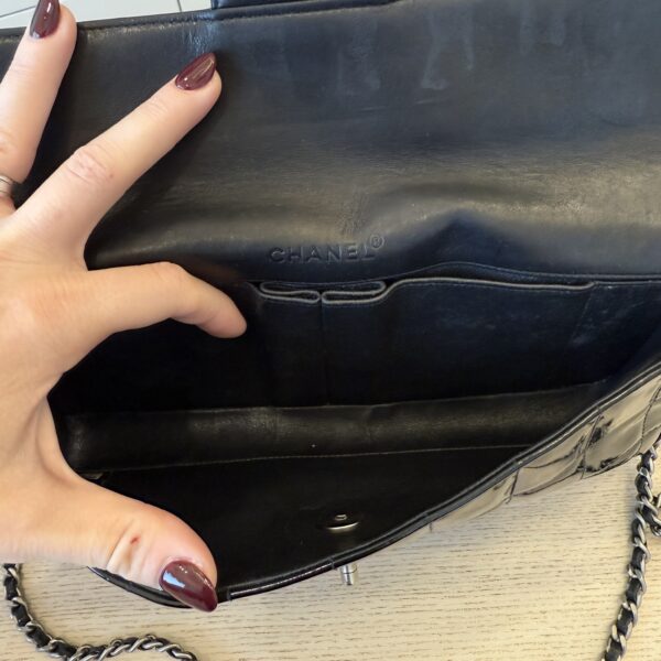 Chanel Patent East West Chocolate Bar Flap Black Silver Hardware