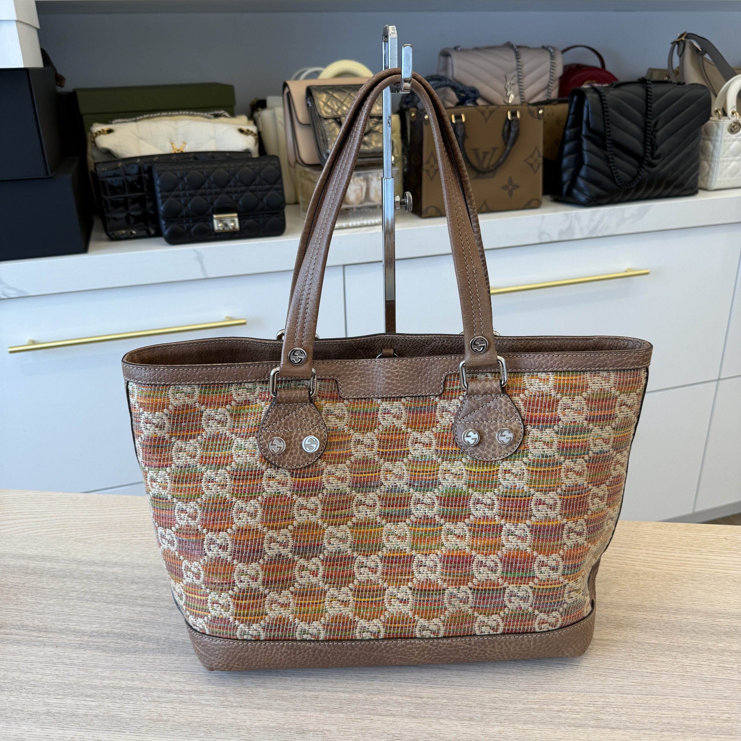 Gucci Straw Libeccio Monogram Large Sunset Tote Multicolor