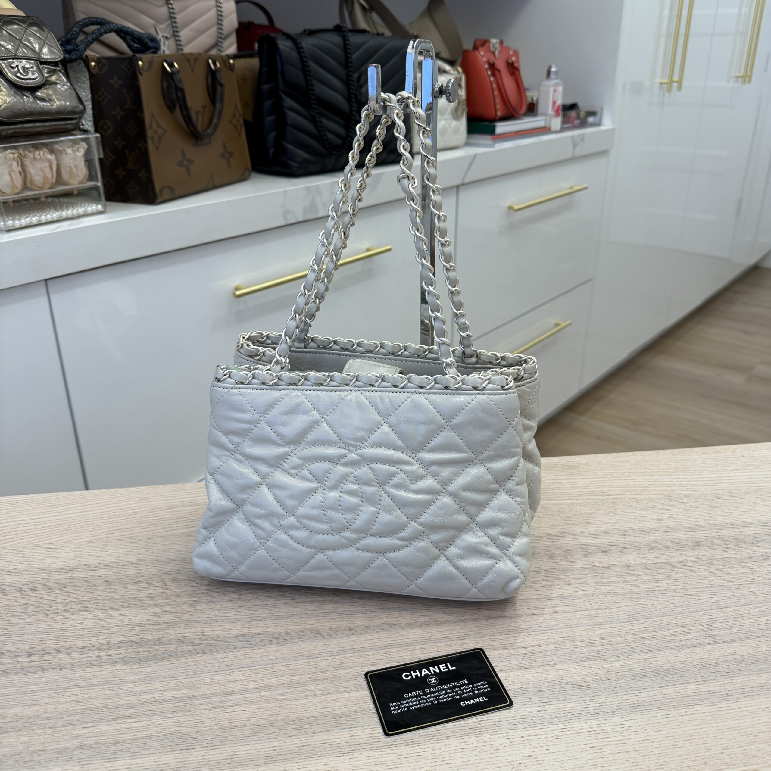 Chanel Off White Quilted Glazed Leather Small Chain Me Tote