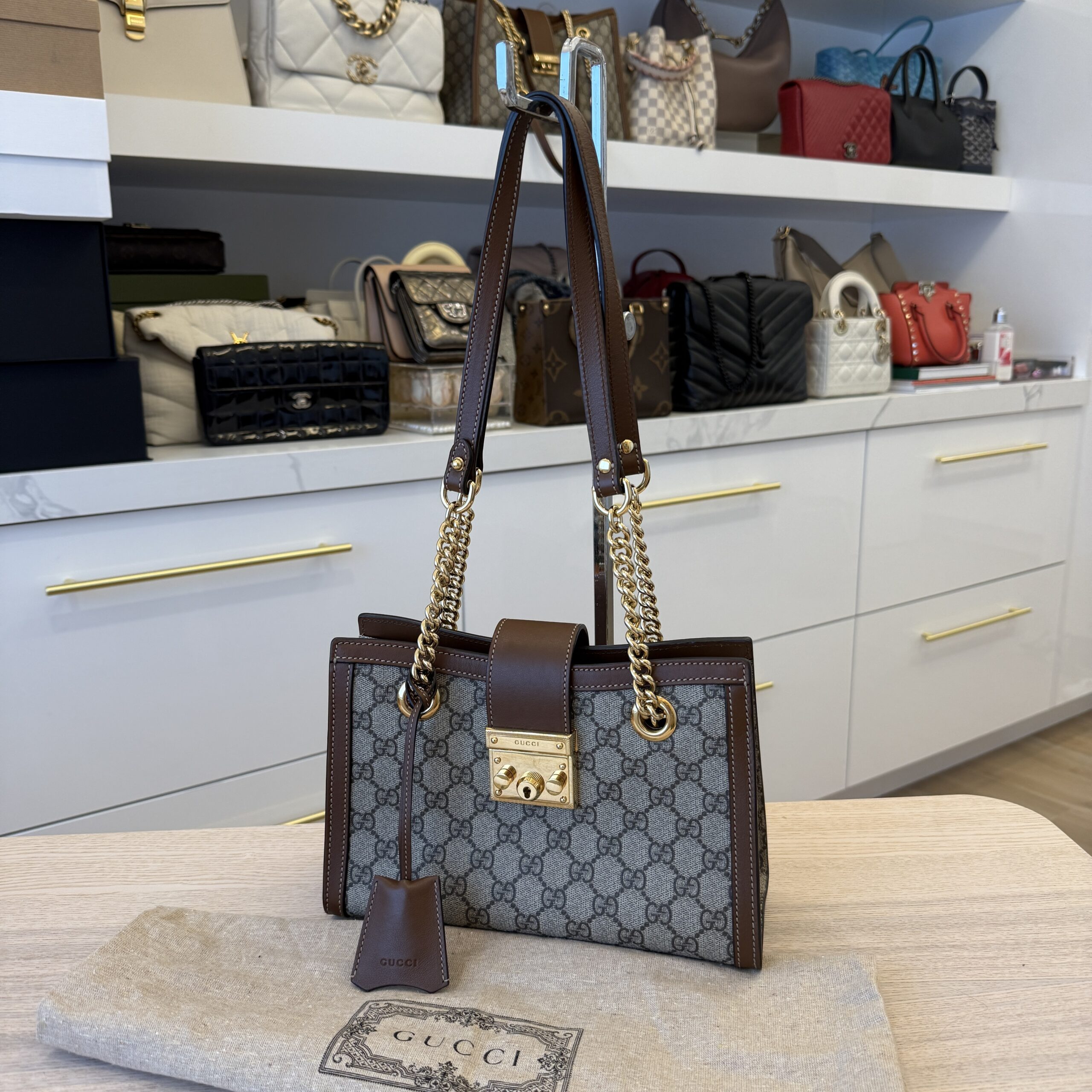 Gucci Padlock Chain Tote GG Coated Canvas with Leather Small
