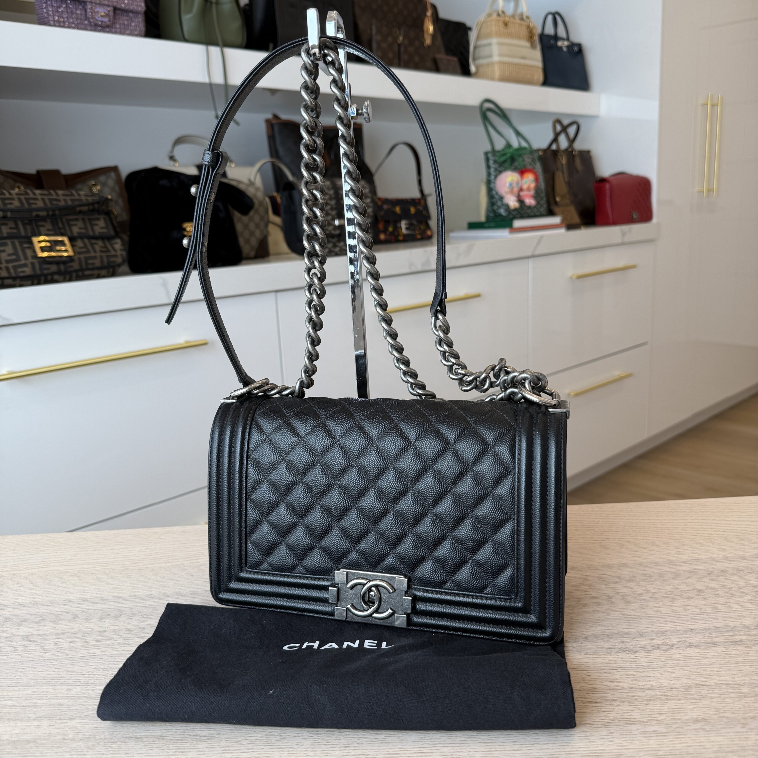 Chanel Boy Flap Bag Quilted Caviar Old Medium Black Ruthenium Hardware