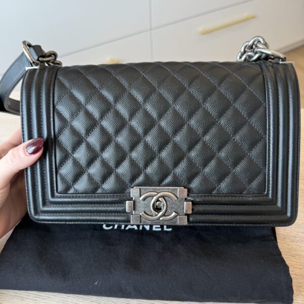 Chanel Boy Flap Bag Quilted Caviar Old Medium Black Ruthenium Hardware
