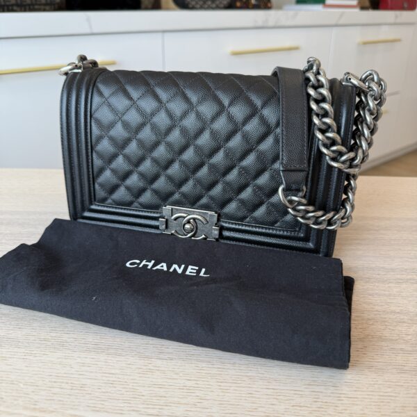 Chanel Boy Flap Bag Quilted Caviar Old Medium Black Ruthenium Hardware