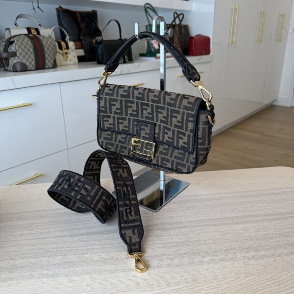 Fendi Fabric Jacquard FF 1974 Medium Baguette Tobacco Moro Black