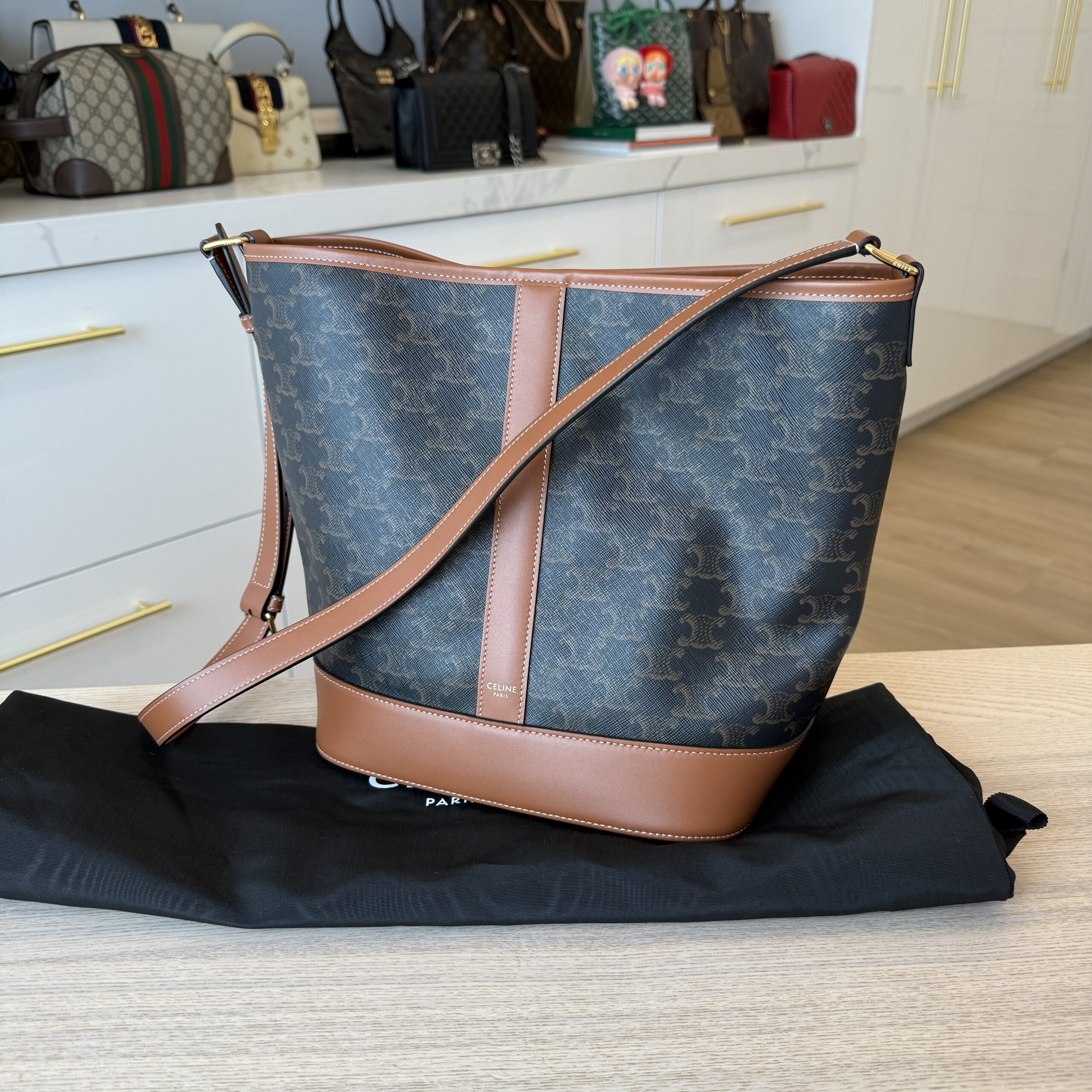 Celine Bucket Bag Triomphe Coated Canvas Medium
