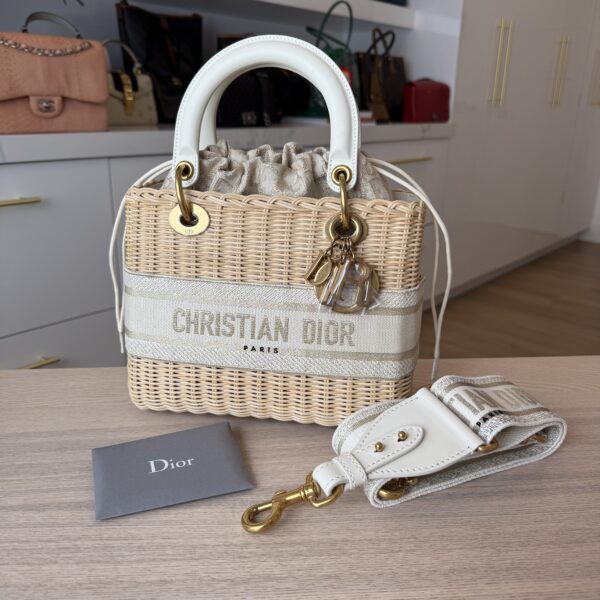 CHRISTIAN DIOR Medium Lady Dior Bag Natural Rattan and White Dior Oblique Jacquard Gold