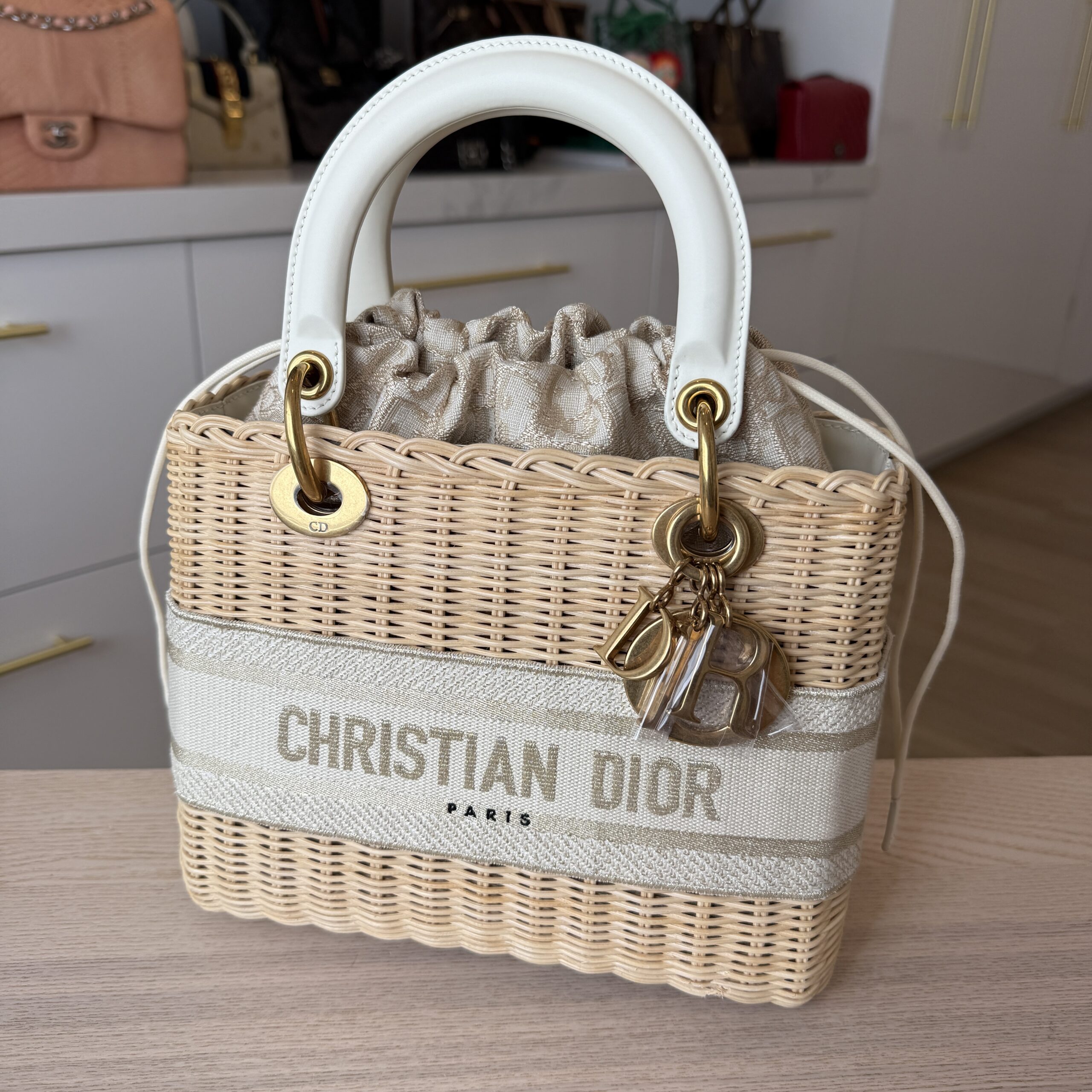 CHRISTIAN DIOR Medium Lady Dior Bag Natural Rattan and White Dior