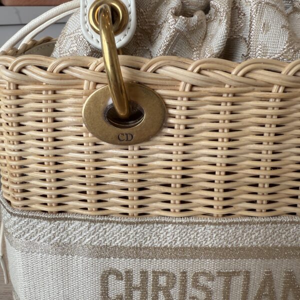 CHRISTIAN DIOR Medium Lady Dior Bag Natural Rattan and White Dior Oblique Jacquard Gold