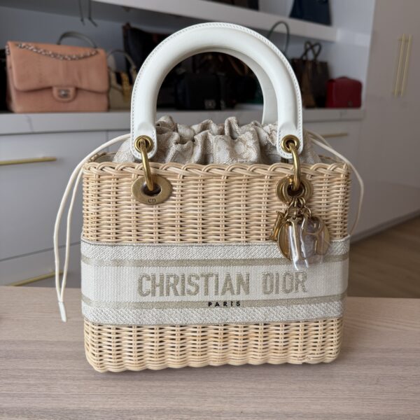 CHRISTIAN DIOR Medium Lady Dior Bag Natural Rattan and White Dior Oblique Jacquard Gold