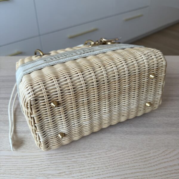 CHRISTIAN DIOR Medium Lady Dior Bag Natural Rattan and White Dior Oblique Jacquard Gold