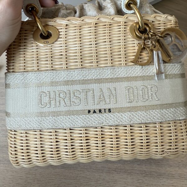 CHRISTIAN DIOR Medium Lady Dior Bag Natural Rattan and White Dior Oblique Jacquard Gold