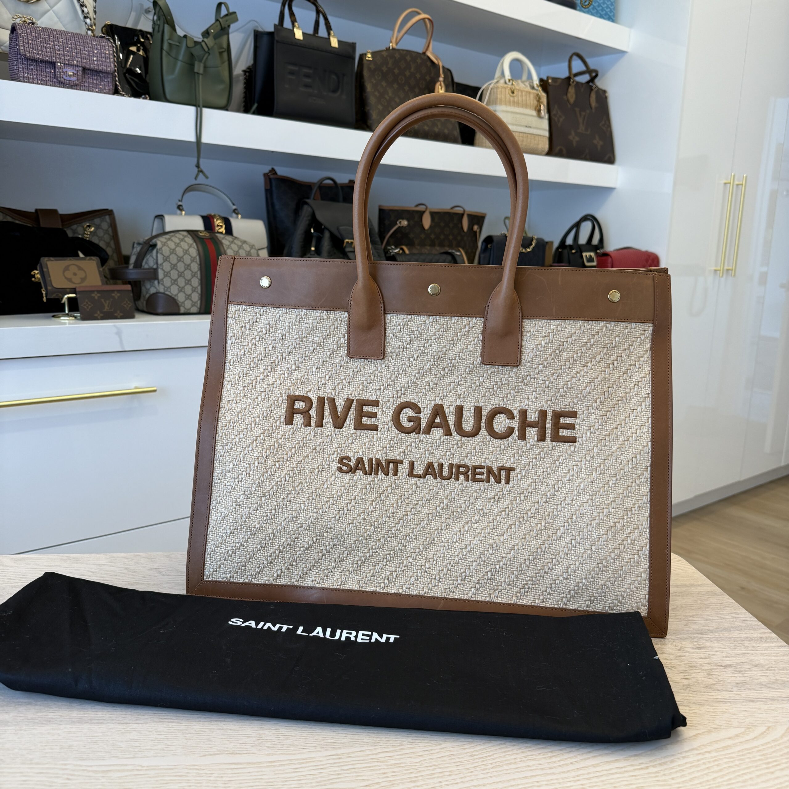 SAINT LAURENT (YSL) Rive Gauche Tote Bag in Raffia and Leather