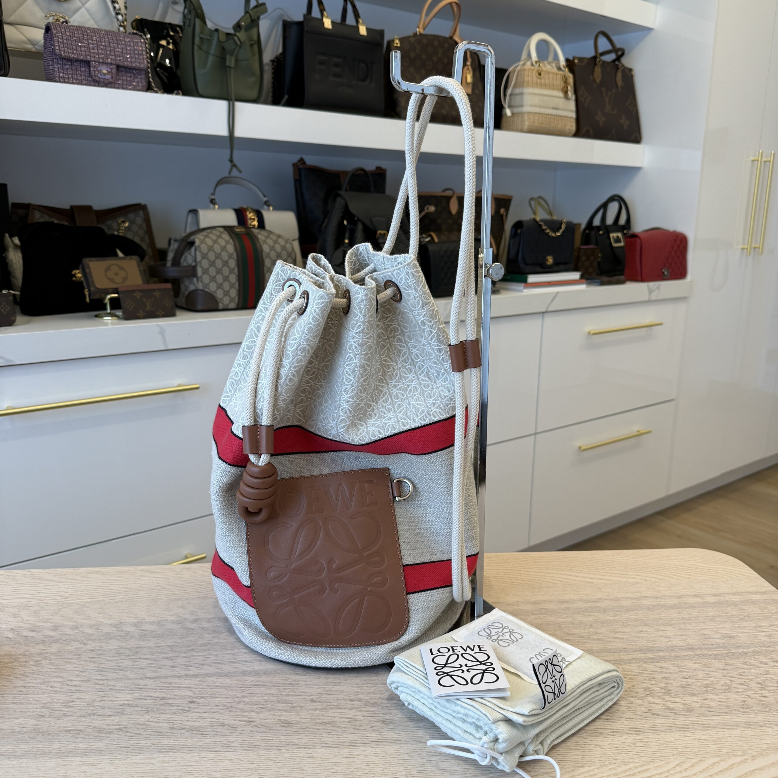 Loewe Calfskin Jacquard Linen Anagram Paulas Ibiza Small Sailor Bag Tan Ecru Red