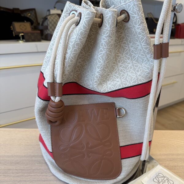 Loewe Calfskin Jacquard Linen Anagram Paulas Ibiza Small Sailor Bag Tan Ecru Red
