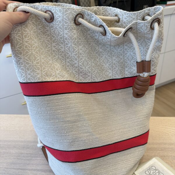 Loewe Calfskin Jacquard Linen Anagram Paulas Ibiza Small Sailor Bag Tan Ecru Red