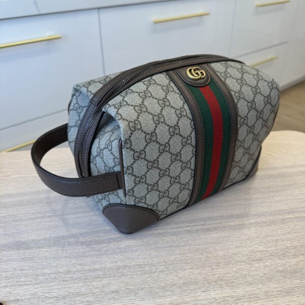 Gucci GG Supreme Monogram Textured Dollar Calfskin Web Small Savoy Toiletry Case Beige Ebony
