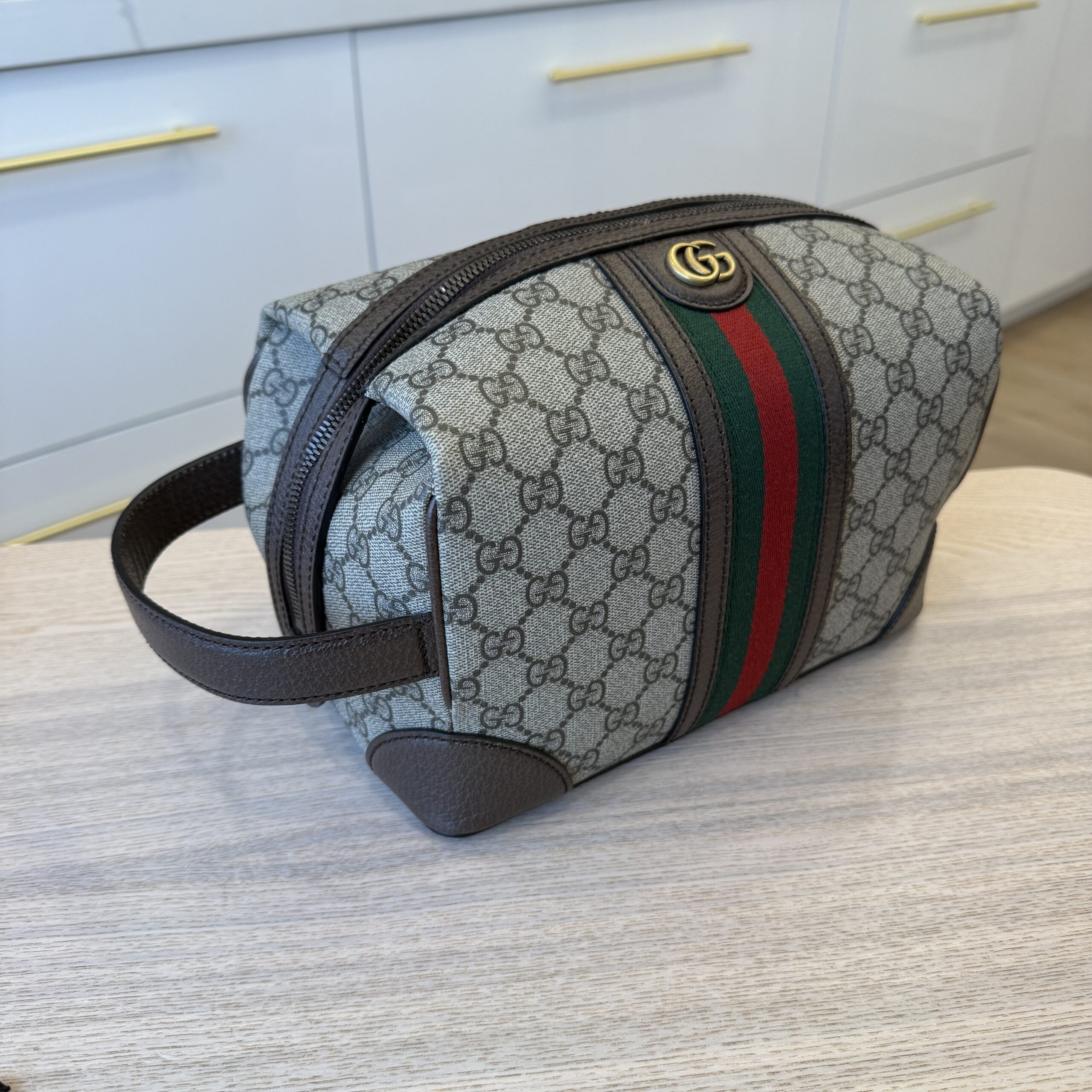 Gucci GG Supreme Monogram Textured Dollar Calfskin Web Small Savoy Toiletry Case Beige Ebony
