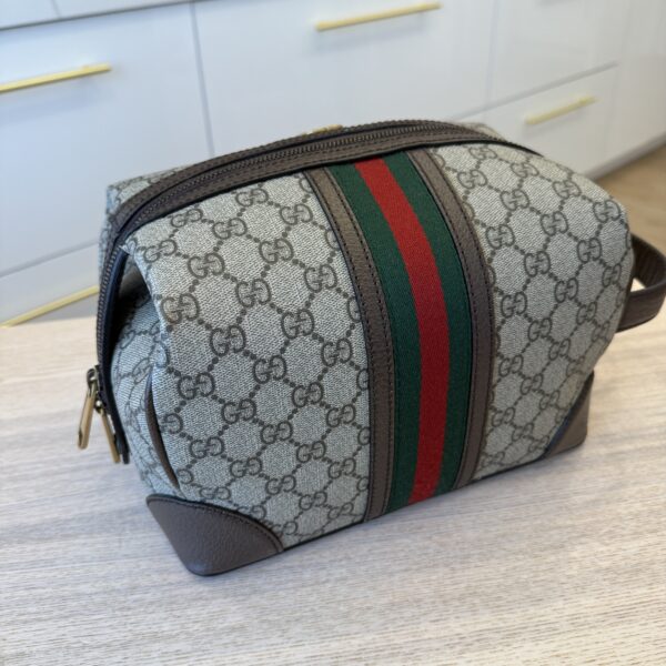 Gucci GG Supreme Monogram Textured Dollar Calfskin Web Small Savoy Toiletry Case Beige Ebony