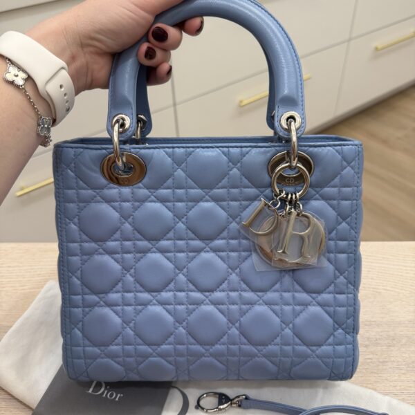 Christian Dior Lambskin Cannage Medium Lady Dior Silver Hardware Blue
