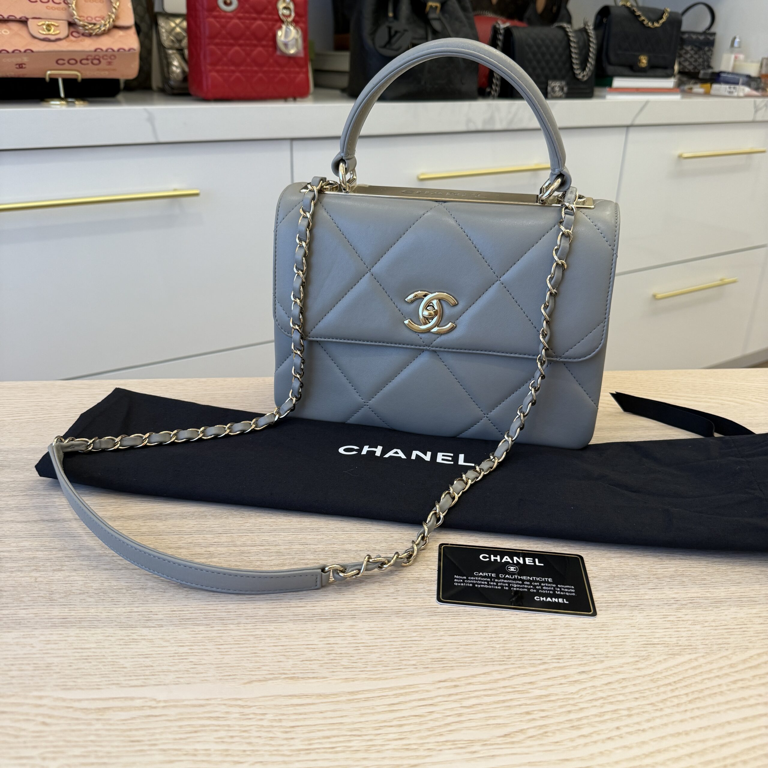 Chanel Lambskin Quilted Small Trendy CC Dual Handle Flap Bag Grey Gold Hardware