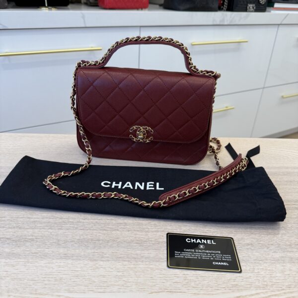 Chanel Lambskin Quilted Chain Infinity Top Handle Flap Burgundy