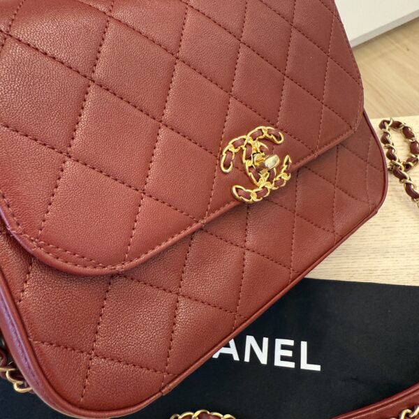 Chanel Lambskin Quilted Chain Infinity Top Handle Flap Burgundy