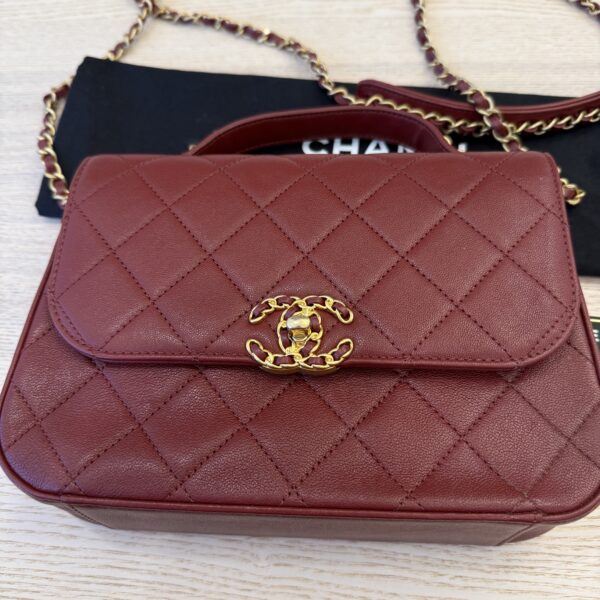 Chanel Lambskin Quilted Chain Infinity Top Handle Flap Burgundy