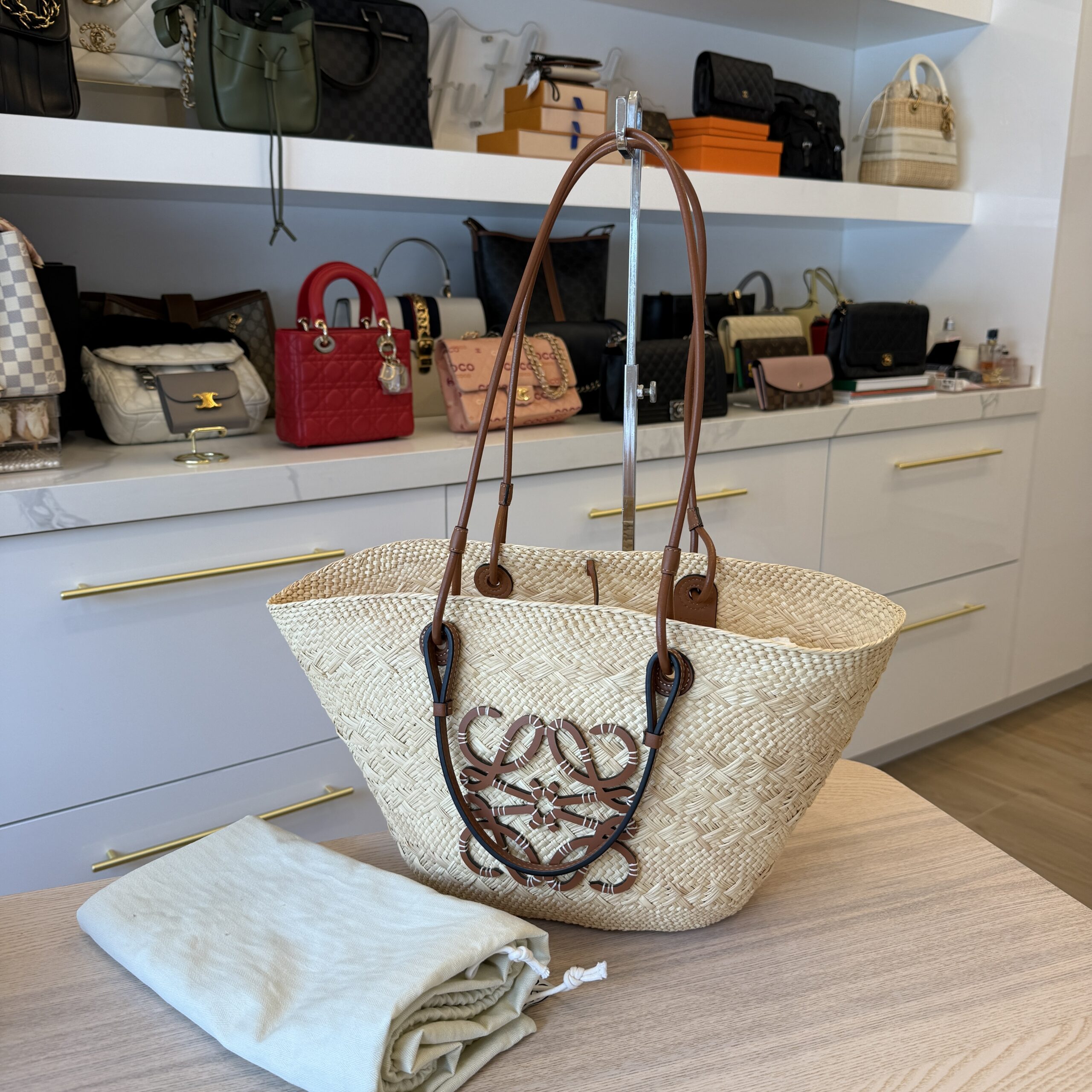 Loewe Iraca Palm Calfskin Medium Anagram Basket Bag Natural Tan