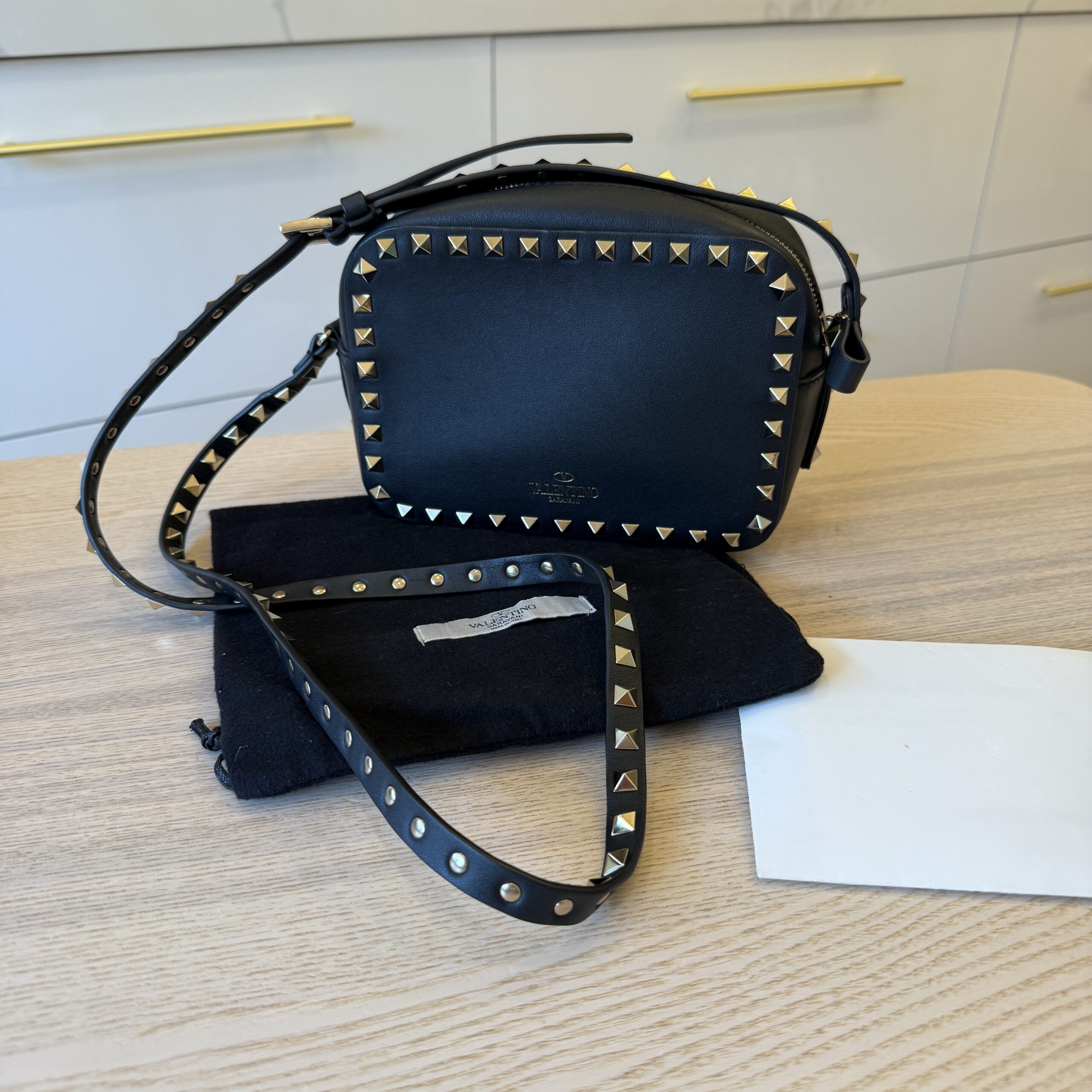 VALENTINO GARAVANI Pebbled Calfskin Rockstud Camera Crossbody Bag Black