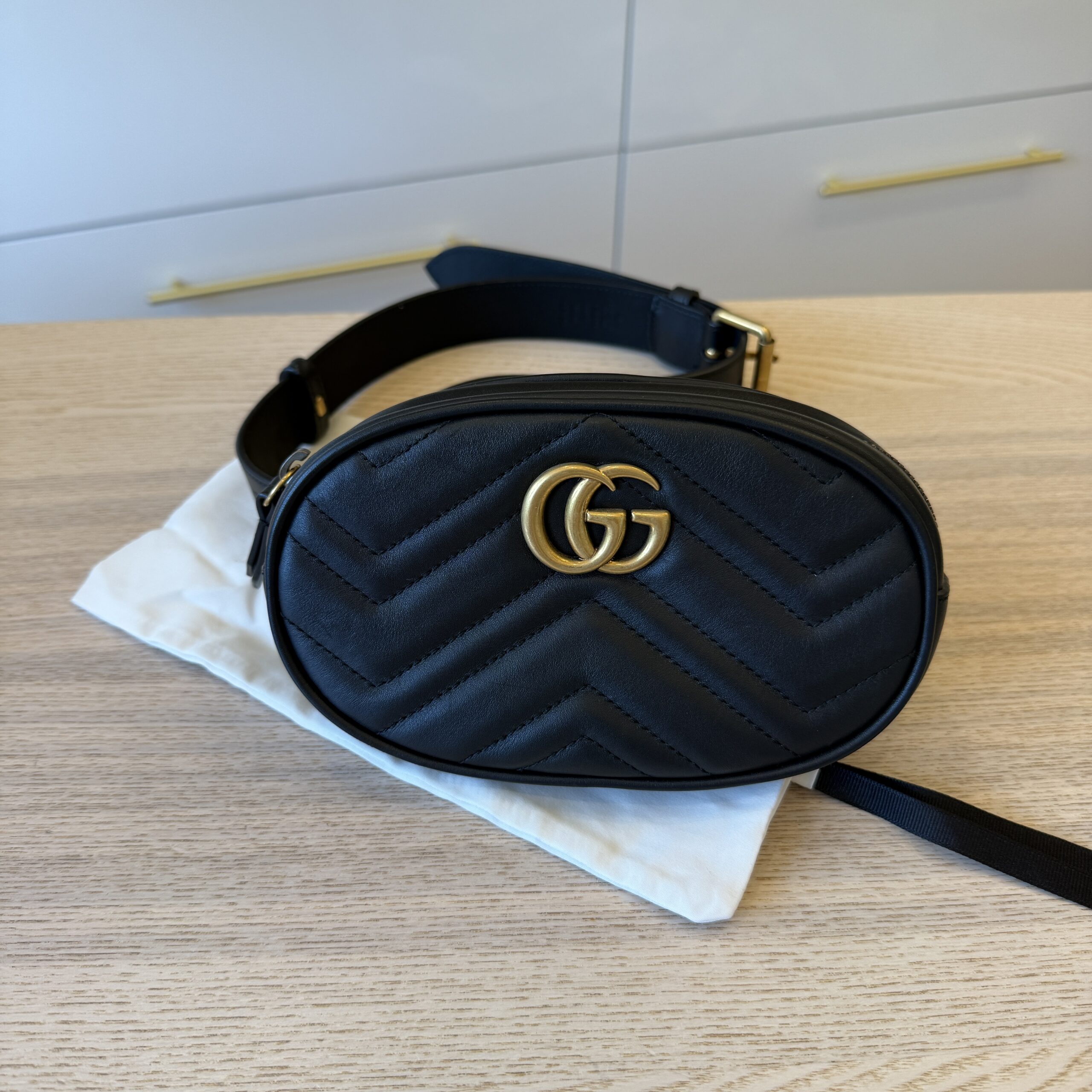 Gucci Calfskin Matelasse GG Marmont Belt Bag 95 38 Black