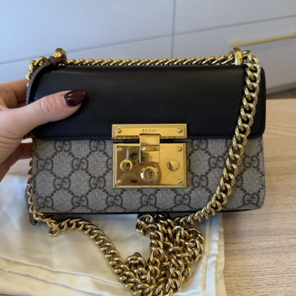 Gucci GG Supreme Monogram Calfskin Small Padlock Shoulder Bag Beige Black Cuir