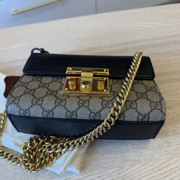 Gucci GG Supreme Monogram Calfskin Small Padlock Shoulder Bag Beige Black Cuir