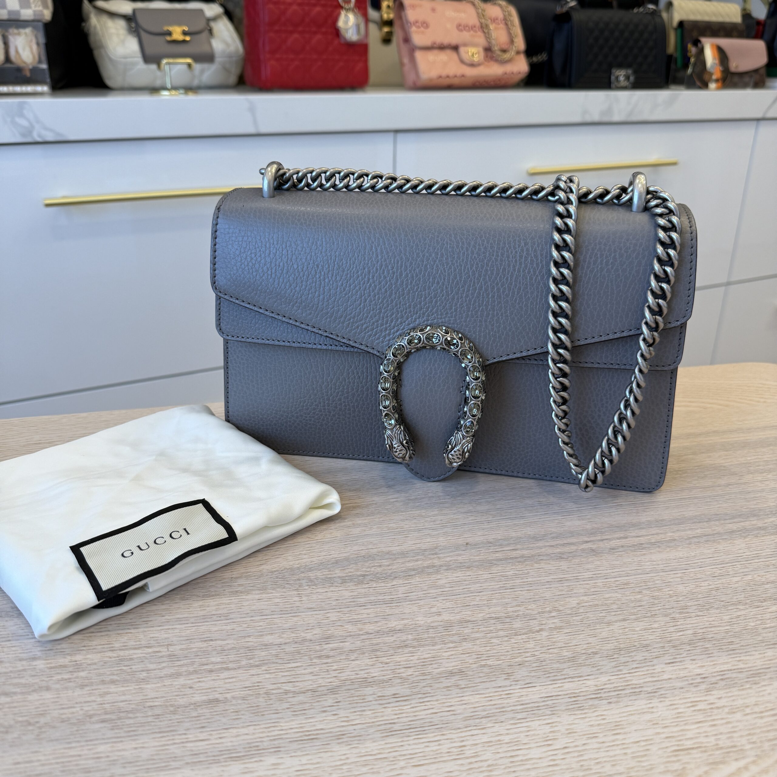Gucci Pebbled Calfskin Small Dionysus Shoulder Bag Dusty Grey