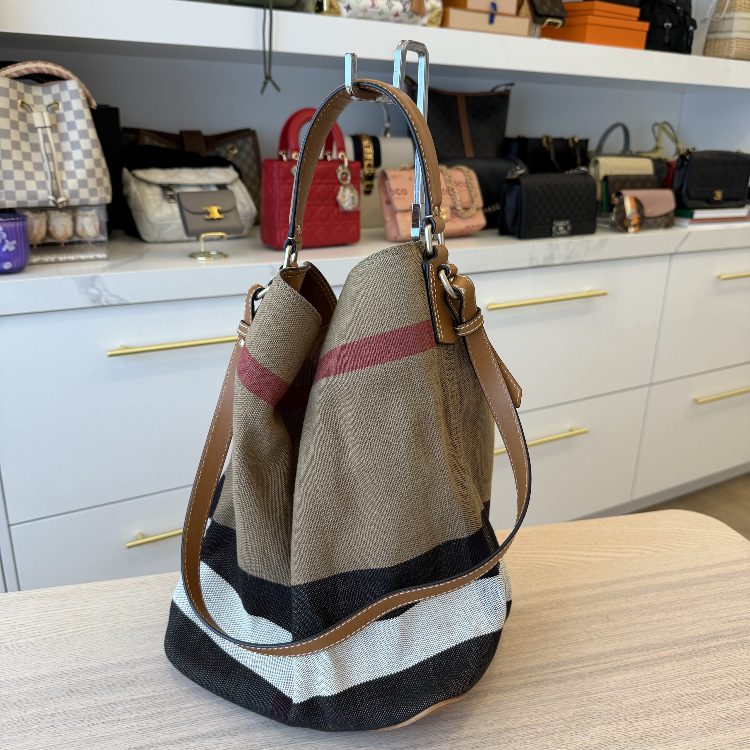 Burberry Canvas Mega Check Medium Ashby Hobo Saddle Brown