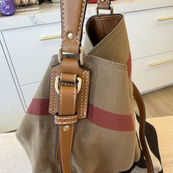 Burberry Canvas Mega Check Medium Ashby Hobo Saddle Brown