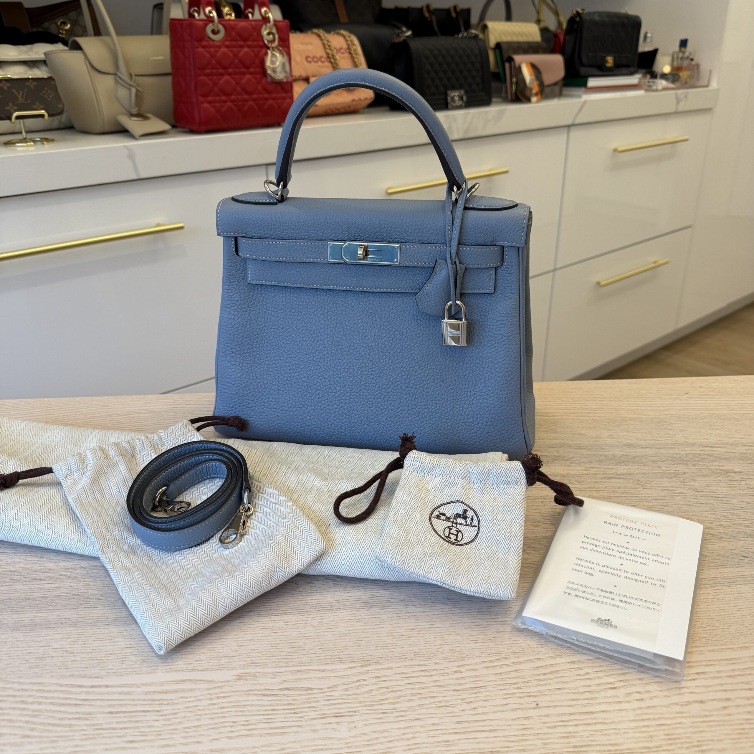 Hermes Kelly Handbag Bleu Lin Togo with Pallladium Hardware 28