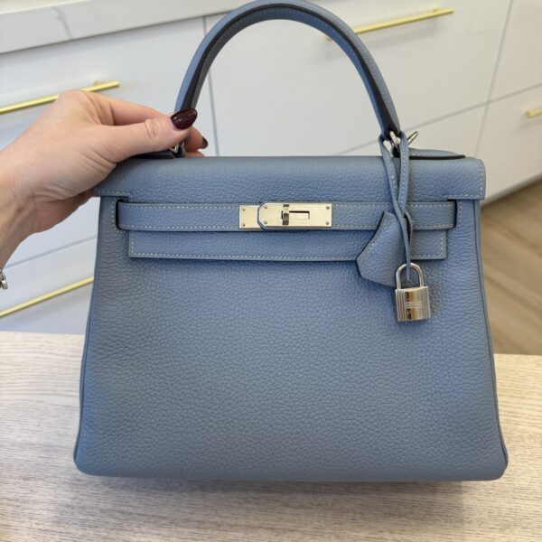 Hermes Kelly Handbag Bleu Lin Togo with Pallladium Hardware 28