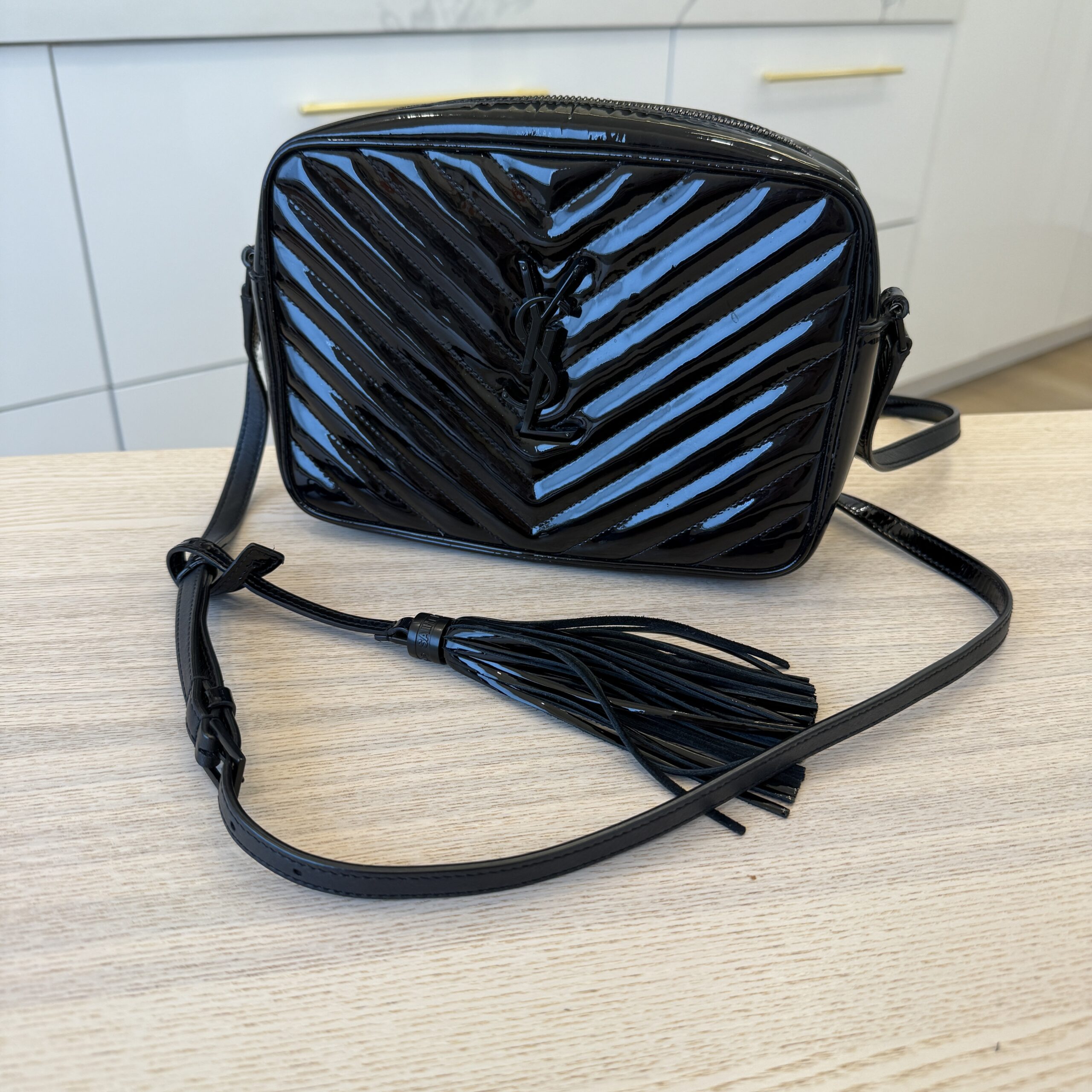 Saint Laurent (YSL) Patent Calfskin Matelasse Monogram Lou Camera Bag Black