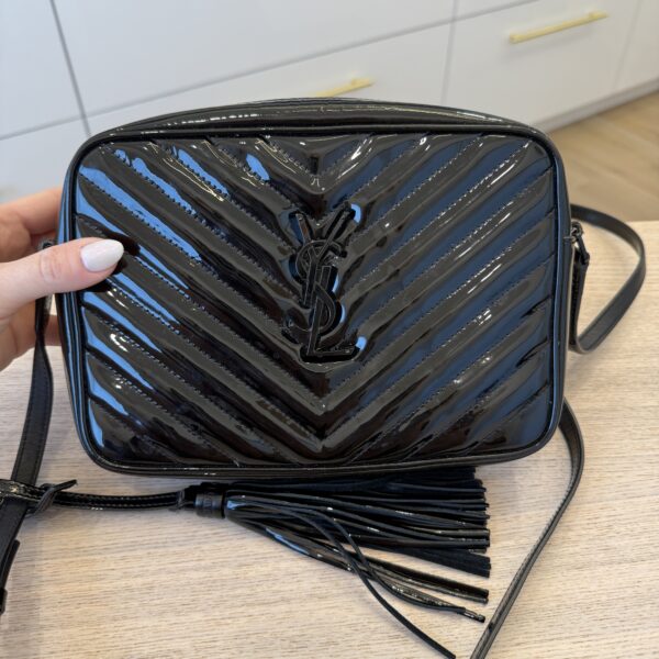 Saint Laurent (YSL) Patent Calfskin Matelasse Monogram Lou Camera Bag Black